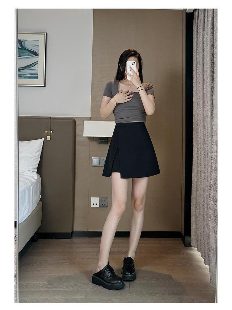 Kadınlar İçin 2024 Siyah Yüksek Bel A Kesim Etek Açık Bacak Yırtmaçlı