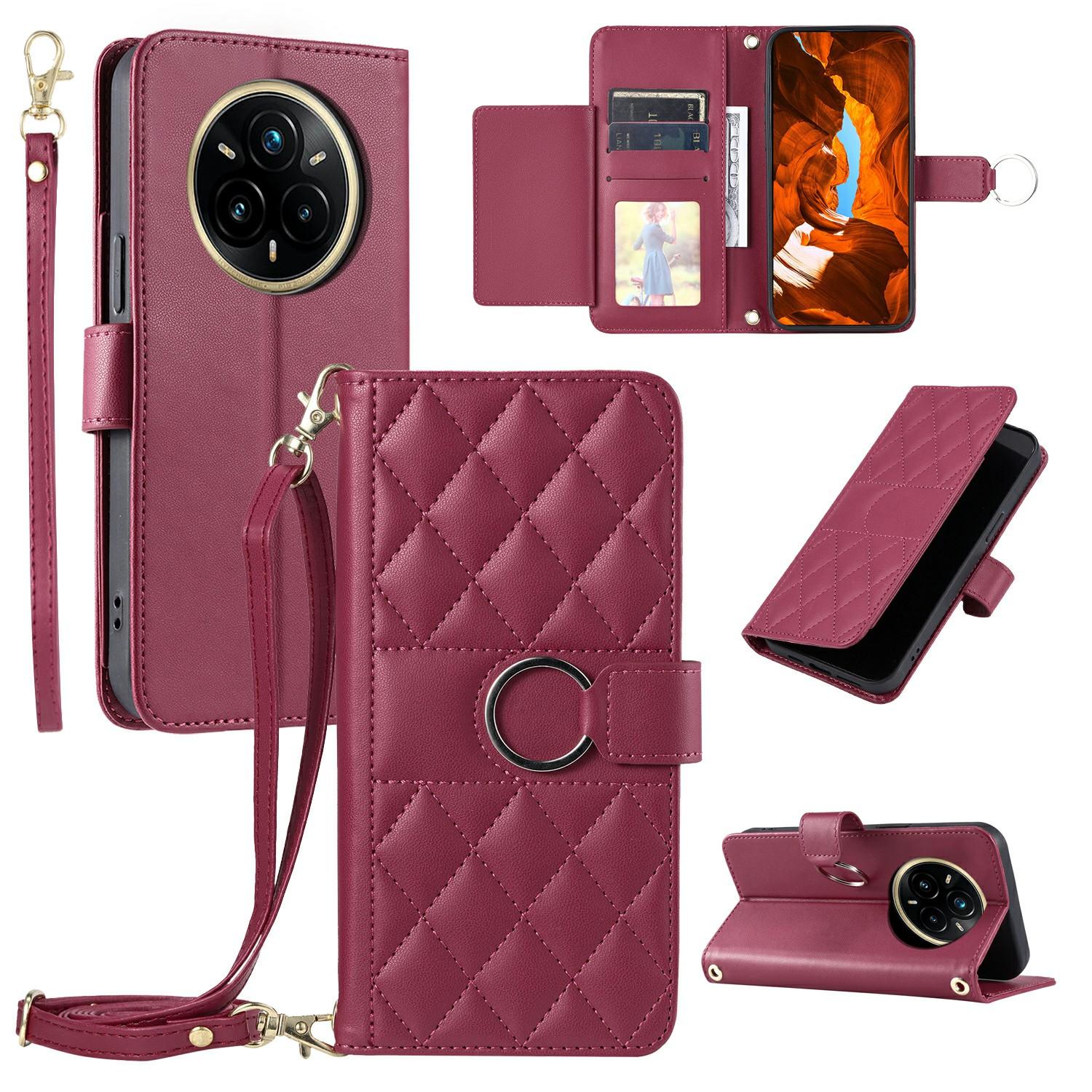 

For Realme 14 Pro+ 5G Case Ring Buckle Wallet Stand Rhombus Crossbody Leather Mobile Cover Red