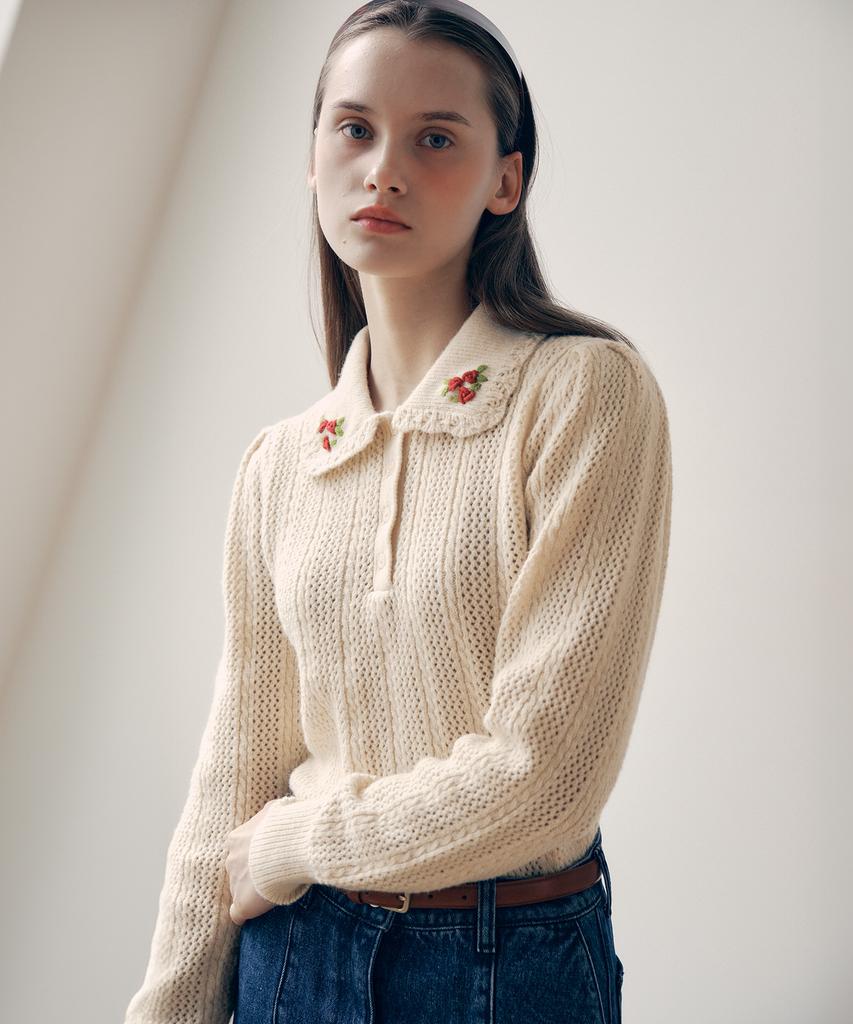 ROLAROLA Collar Flower Embroidery Knit Beige