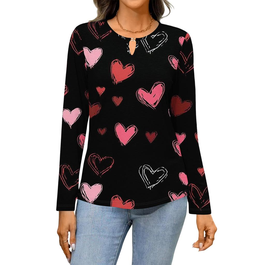 Women's Casual Round Neck Hollow,out Pullover Long Sleeve Valentine's Day Heart Print T,shirt Top