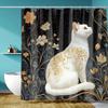1 Elegant white cat and floral digital print shower curtain, machine washable, black background with gold and cream accents