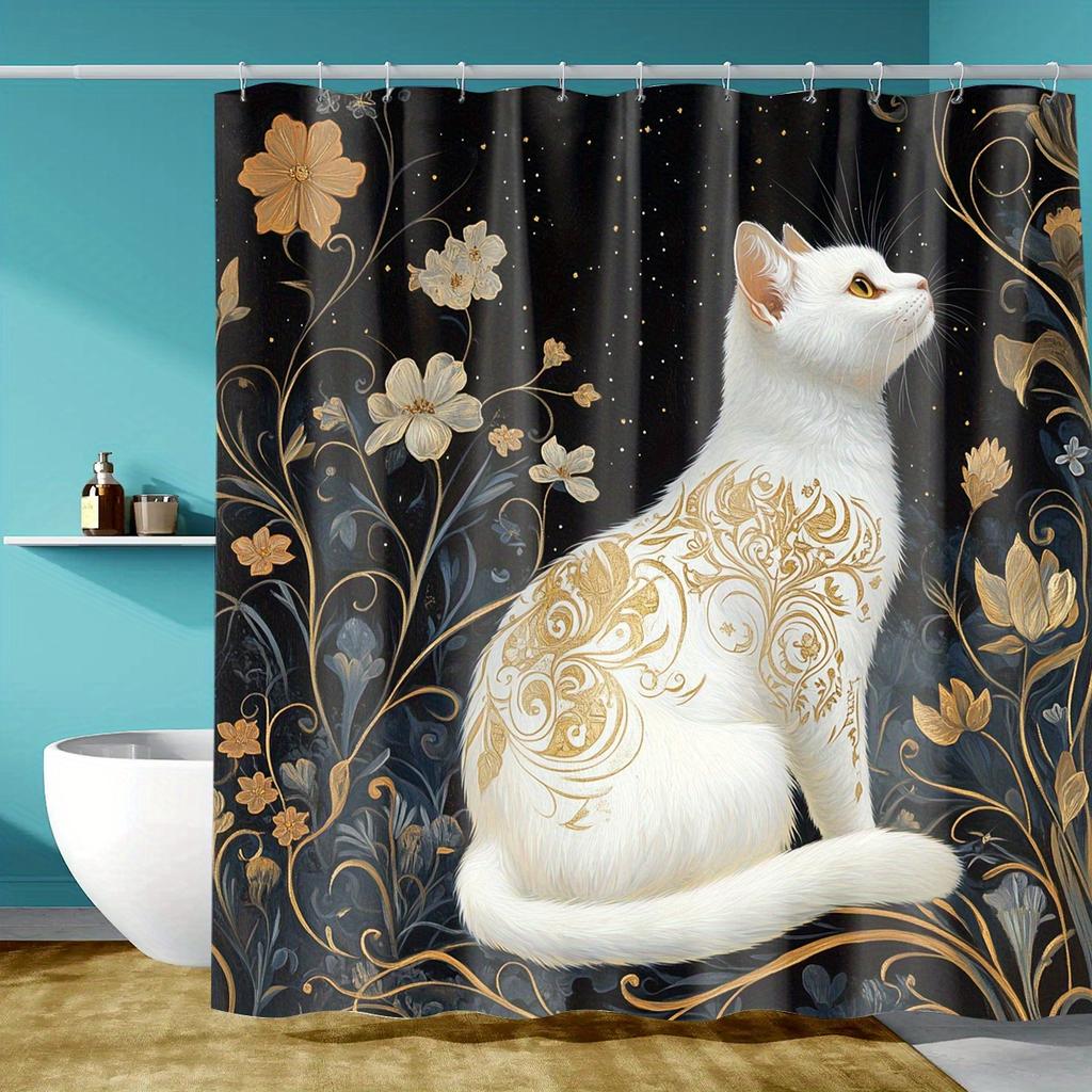 1 Elegant white cat and floral digital print shower curtain, machine washable, black background with gold and cream accents