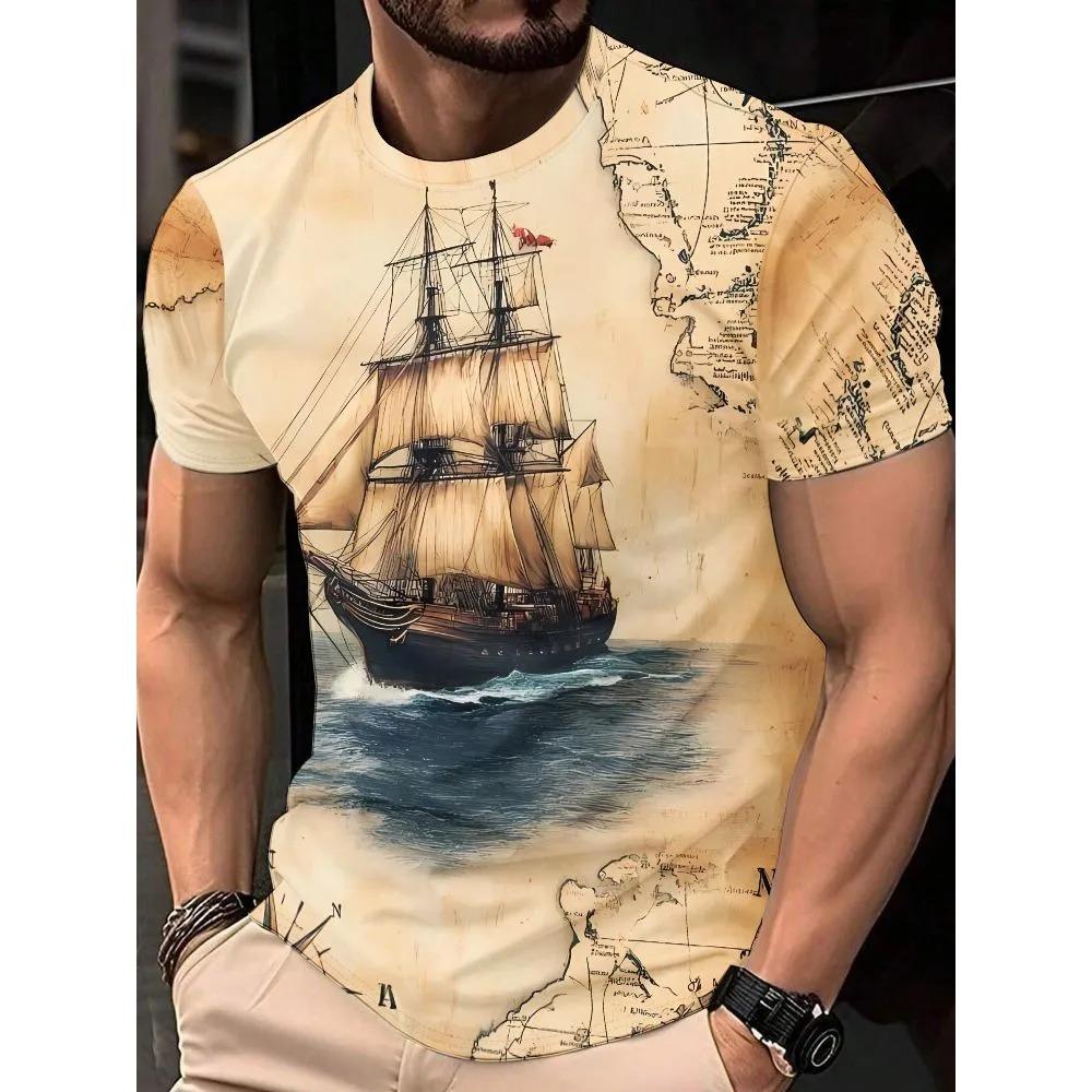 Retro Steamship Pattern 3D Print Short Sleeve T-shirt Summer Comfortable Fashionable Breathable Plus Size Casual Versatile Sports Men's T-shirt