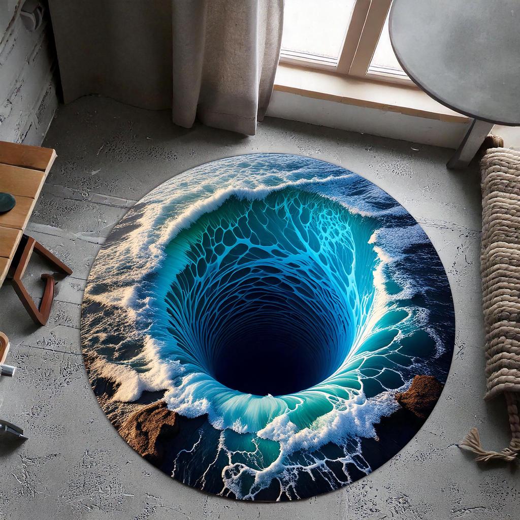 1pc 3D Wavy Ocean Hole Pattern Round Rug, Non-slip Floor Mat for Living Room, Bedroom, Bathroom, Holiday Home Decoration