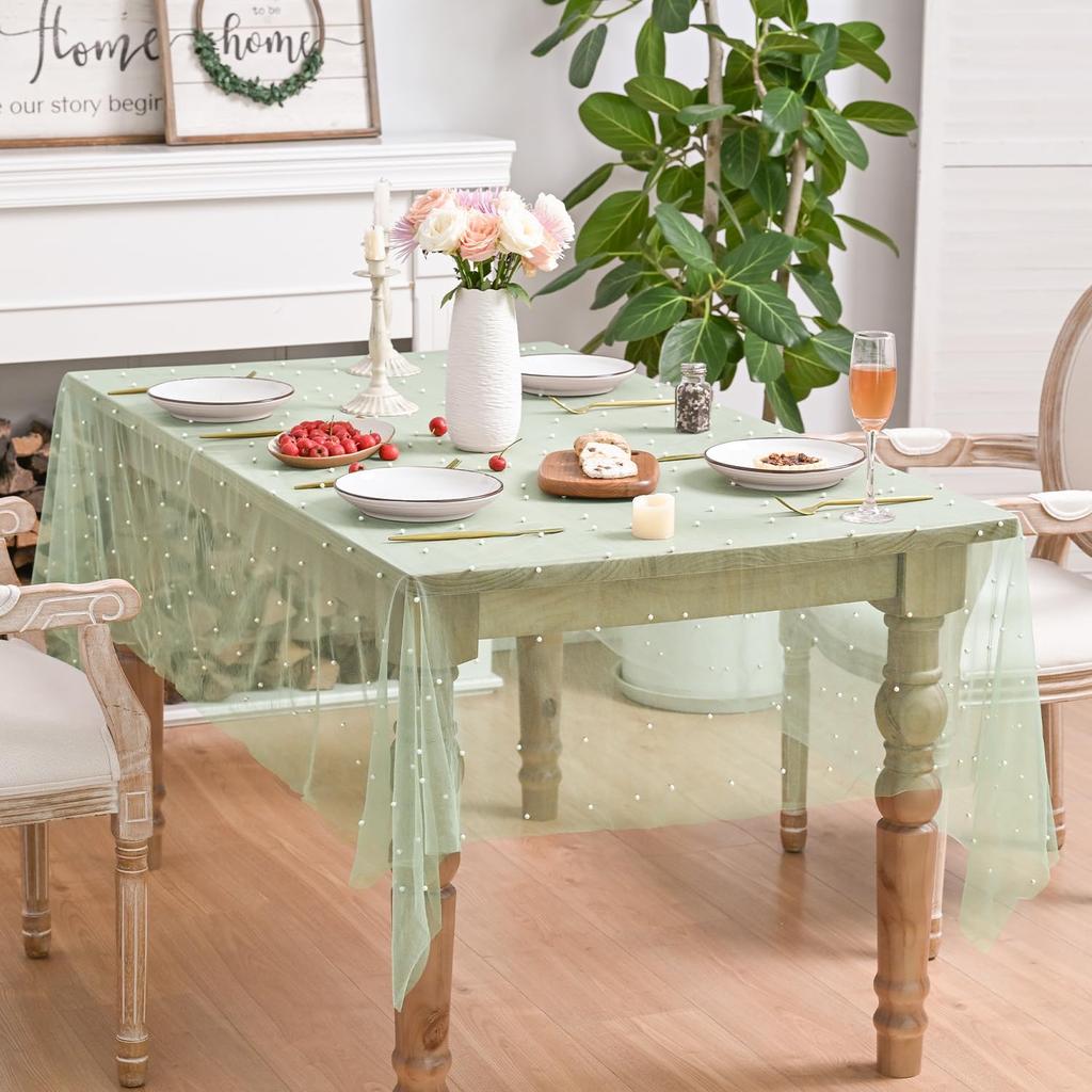 Light Green Table Runner Fabric Tulle Lace Tablecloth Rectangular Table Cover Bridal Veil for Christmas Wedding Birthday Party