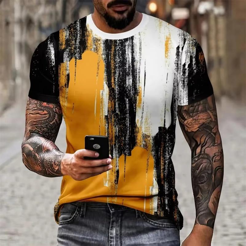 Pánské barevné tričko s geometrickým vzorem Color Block 3D potištěná trička Letní pouliční s krátkým rukávem s kulatým výstřihem Volná trička
