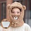 Cute Bear Pattern Sherpa Hooded Scarf Hat with Built-in Mask Warm Winter Cap for Women & Students
