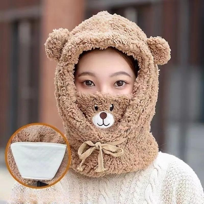 Cute Bear Pattern Sherpa Hooded Scarf Hat with Built-in Mask Warm Winter Cap for Women & Students
