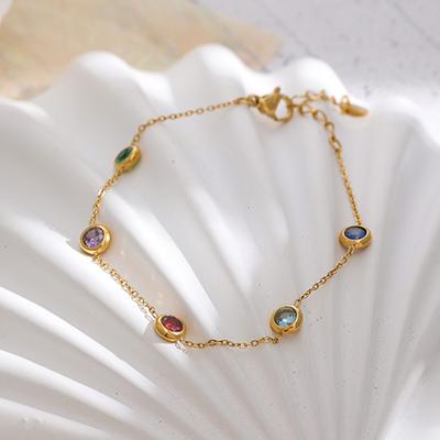 Gold Tone Multicolor Oval Gemstone Bracelet – Dainty Minimalist Colorful Jewelry for Women, Adjustable Delicate Gift