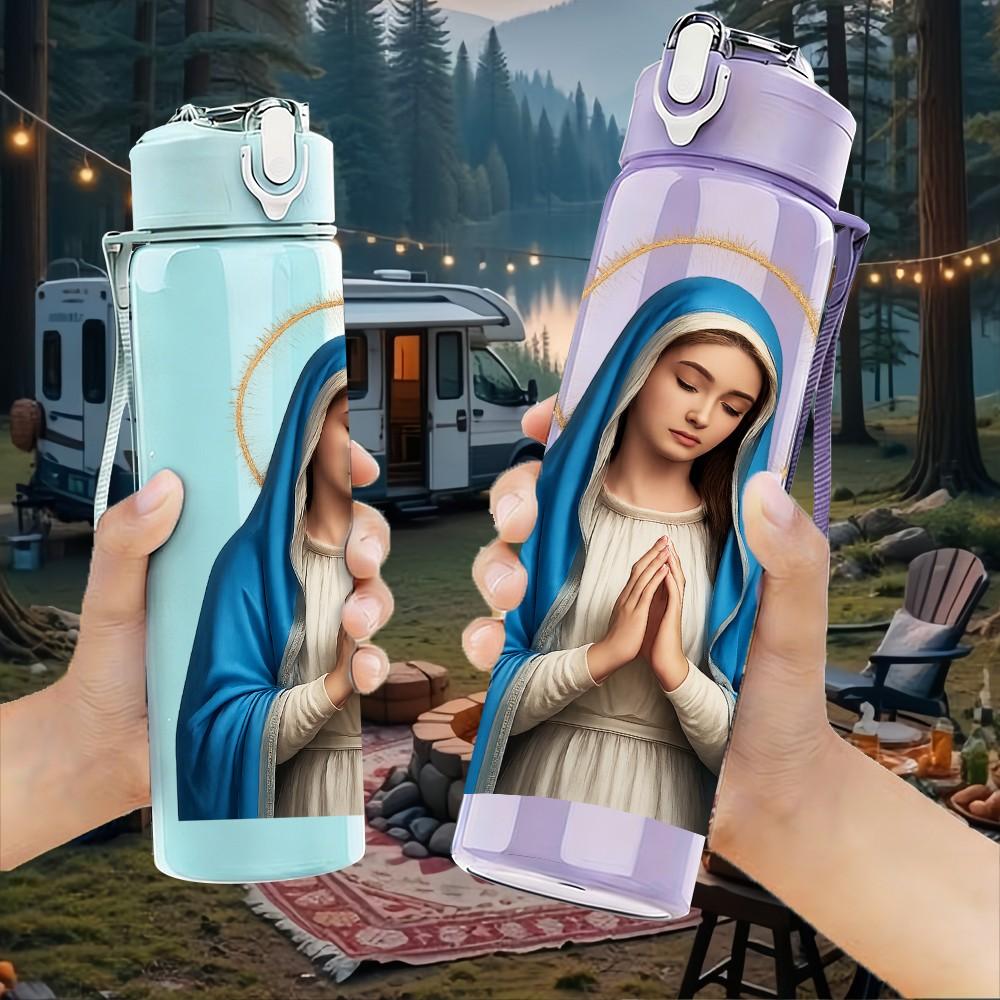 1PC Virgin Mary Holy Portrait Print 750ml Color Plastic Sports Water Bottle Leakproof Flip Straw Lid Suitable for Sports Office Home Use