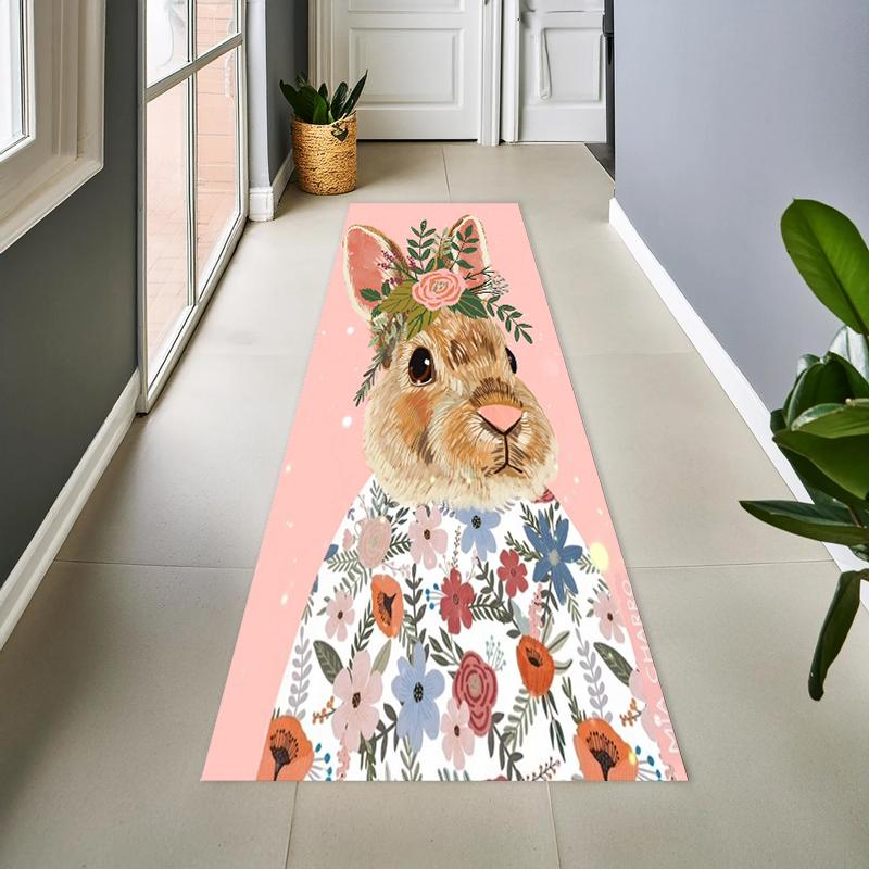 Vintage Rabbit Flower Pattern Carpet Mat Rug Home Decoration Living Room Bedroom Cute Animal Design Non Slip Durable
