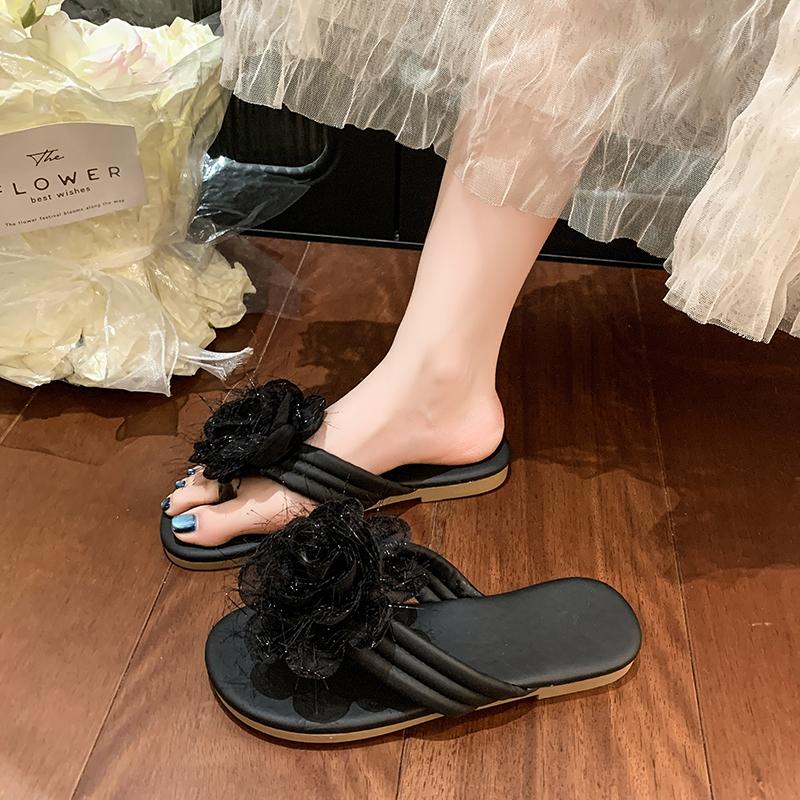 Pinch-toe Flower Beautiful Flip-flops for Women To Wear In Summer New Style with Skirt Soft-soled Flat-soled Cool Slippers