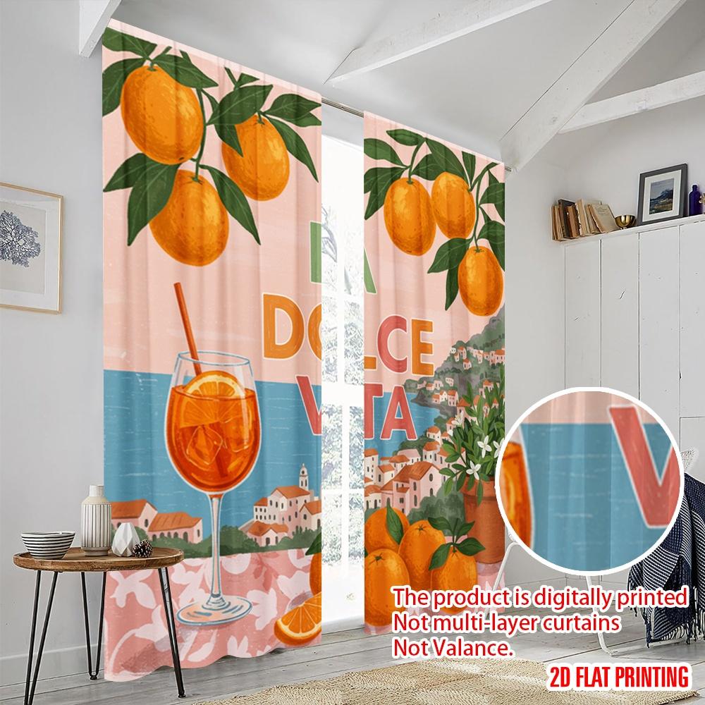2pcs 2D flat printing Party Curtains La Dolce Vita Oranges Polyester Without Electricity Festive Holiday for New Year and