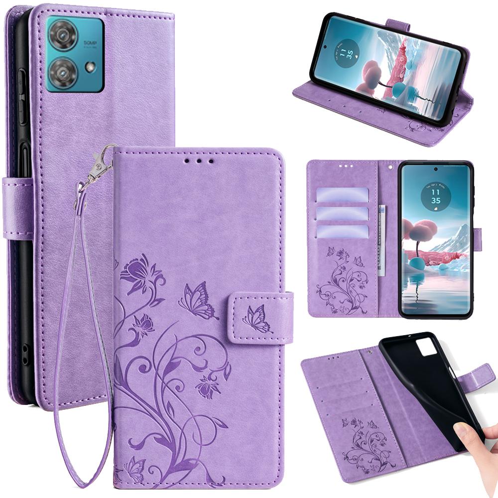 Für Motorola Edge 40 Neo 5G Handyhülle mit Handschlaufe Leder-Klapphülle mit Schmetterling-Blumen-Prägung