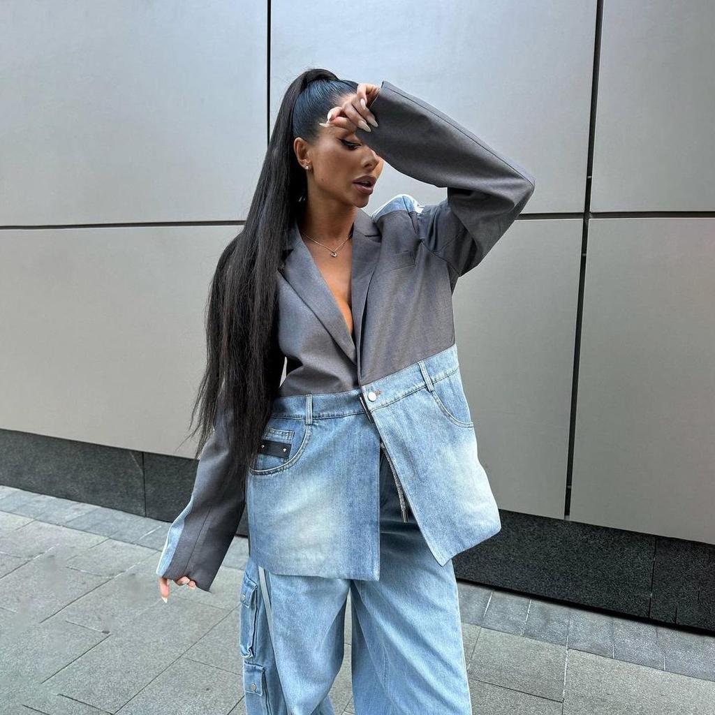 Vysoko módna džínsová patchwork bunda: Jesenné voľné, nadmerné veľkosti, trendy, všestranné dámske streetwear