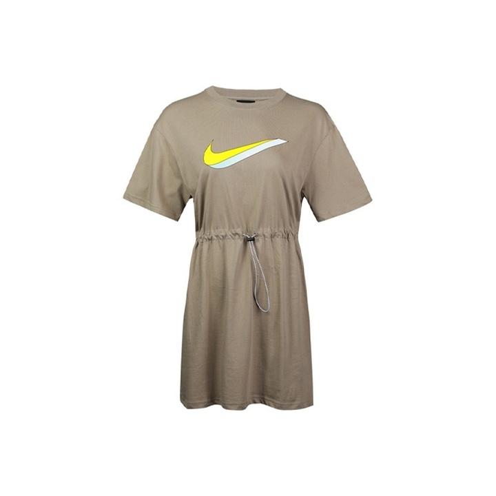 Nike Sportswear 3D Shadow Effect Printed Solid Color Short Sleeve Dress Women Dresses Khaki CU5173-342