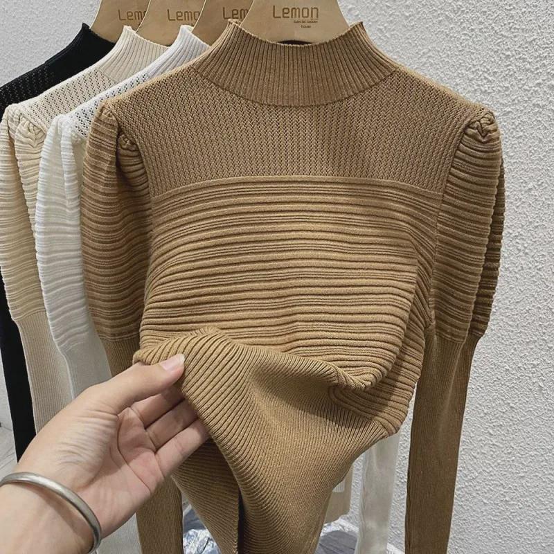 Dámský luxusní pletený svetr slim fit s polovičním rolákem a nabíranými rukávy pro podzim/zimu