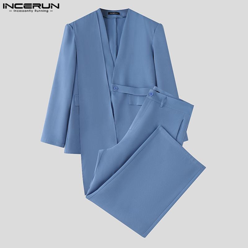 INCERUN Two Pieces Outfits Men Long Sleeve Layers Thin Blazer Long Straight Pants Party Sets