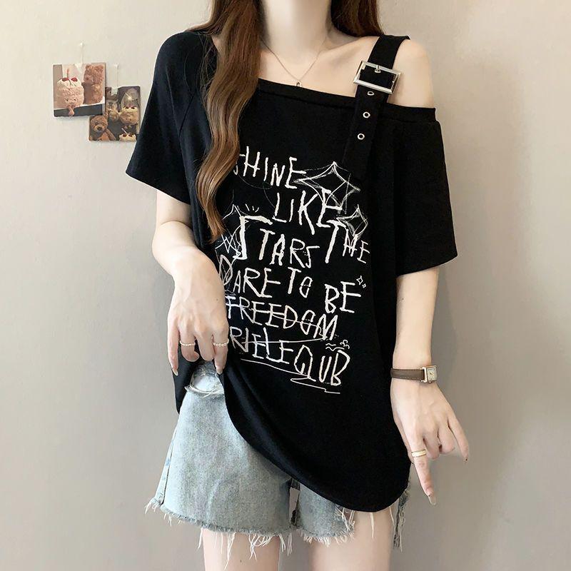 Damen Plus Size One-Shoulder T-Shirt mit Buchstaben - Schlankmachendes Lässiges Sommeroberteil