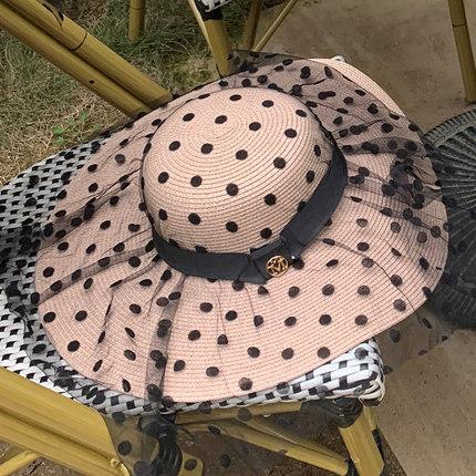 Women's Floppy Straw Hat Wide Brim Polka Dot Lace Sheer Beach Sun Hat Summer