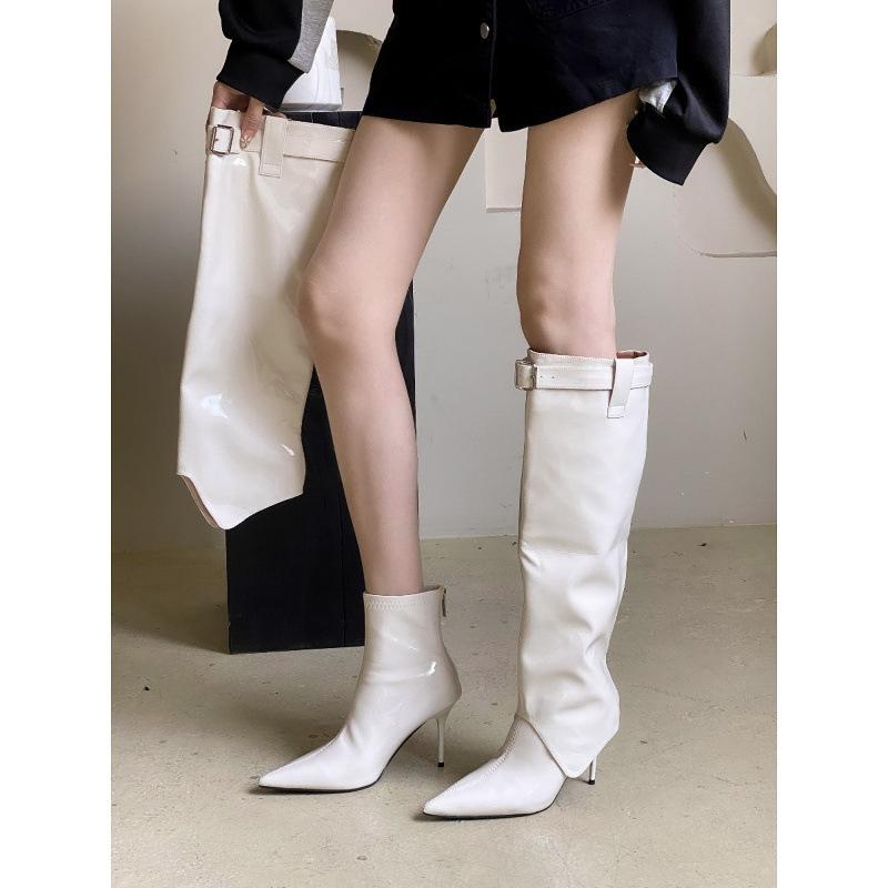 European and American style pointed head high heel patent leather glossy belt buckle high tube but knee boots knight boots female Martin boots