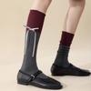 Sweet Ribbon Bow Mid-calf Socks for Women, Color-blocked Black Ear-trimmed Pile Socks