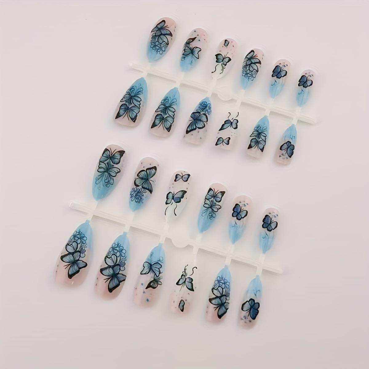 

Набор из 24 накладных ногтей, романтический дизайн с бабочками, модный 3D-дизайн ногтей, глянцевое покрытие, миндалевидная форма