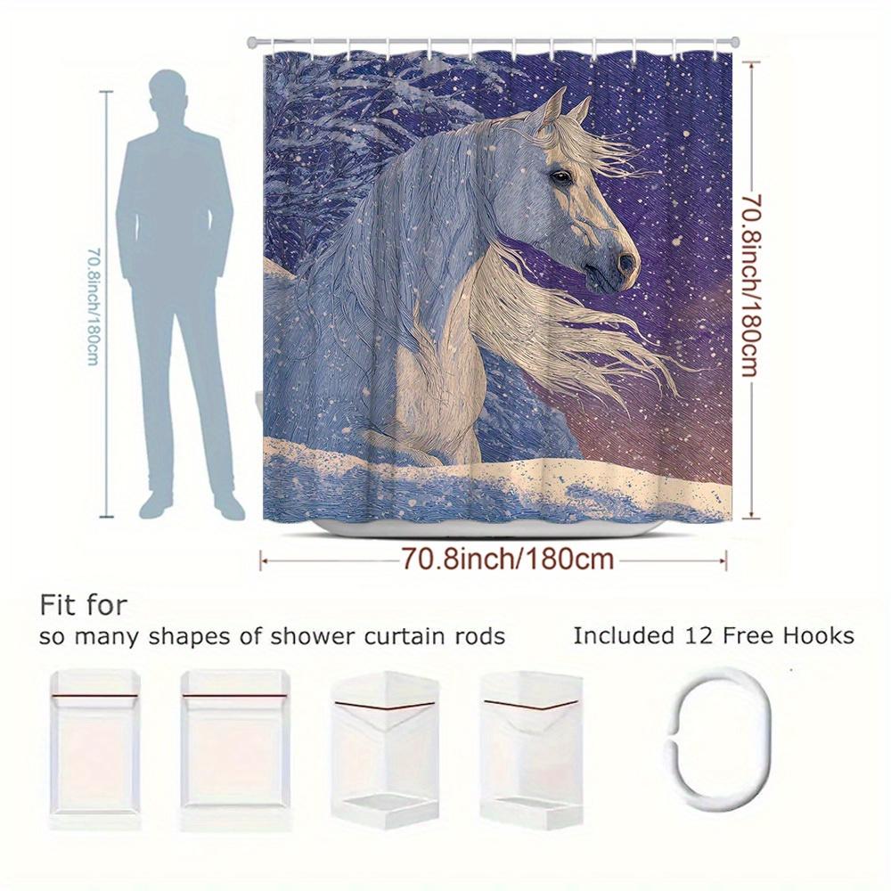 1pc Elegant White Horse in Snow Shower Curtain - 70.8x70.8 Inch, Washable Polyester Fabric with 12 Hooks, Winter-Themed Bathroom