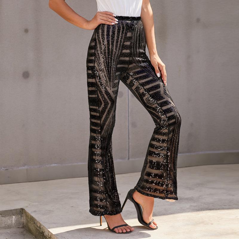 2025 Summer Women's High Waist Sequin Patchwork Wide-Leg Pants - European and American Casual Fashion Trend