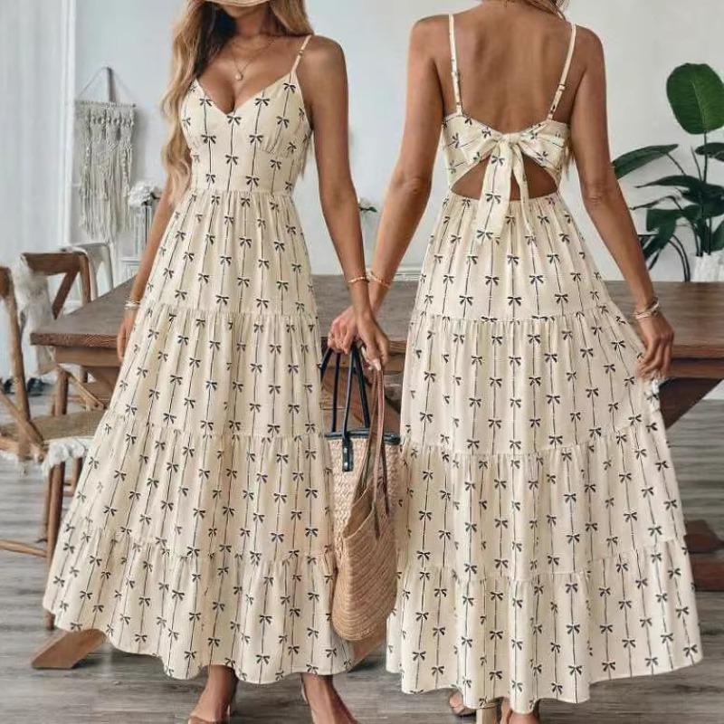 Summer New Bohemian Back Bow Holiday Style Print Dress Suspender Dress