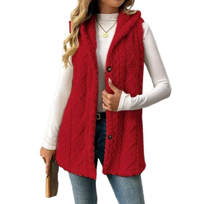 Women's Hooded Plush Sleeveless Coat Cardigan Vest