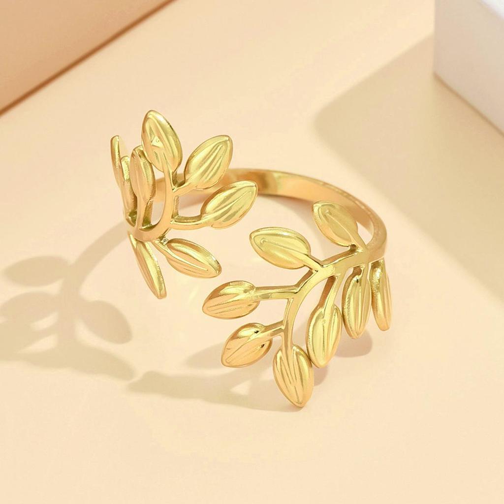 Elegant Gold Leaf Adjustable Stainless Steel Ring for Women - Durable, Fairy Forest Style