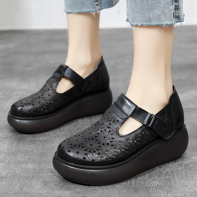 Fashion GKTINOO 2025 Spring Summer Hollow Genuine Leather Shoes Sandals Platform Increase Shoes Wedges High Heels Large Size Women Shoes
