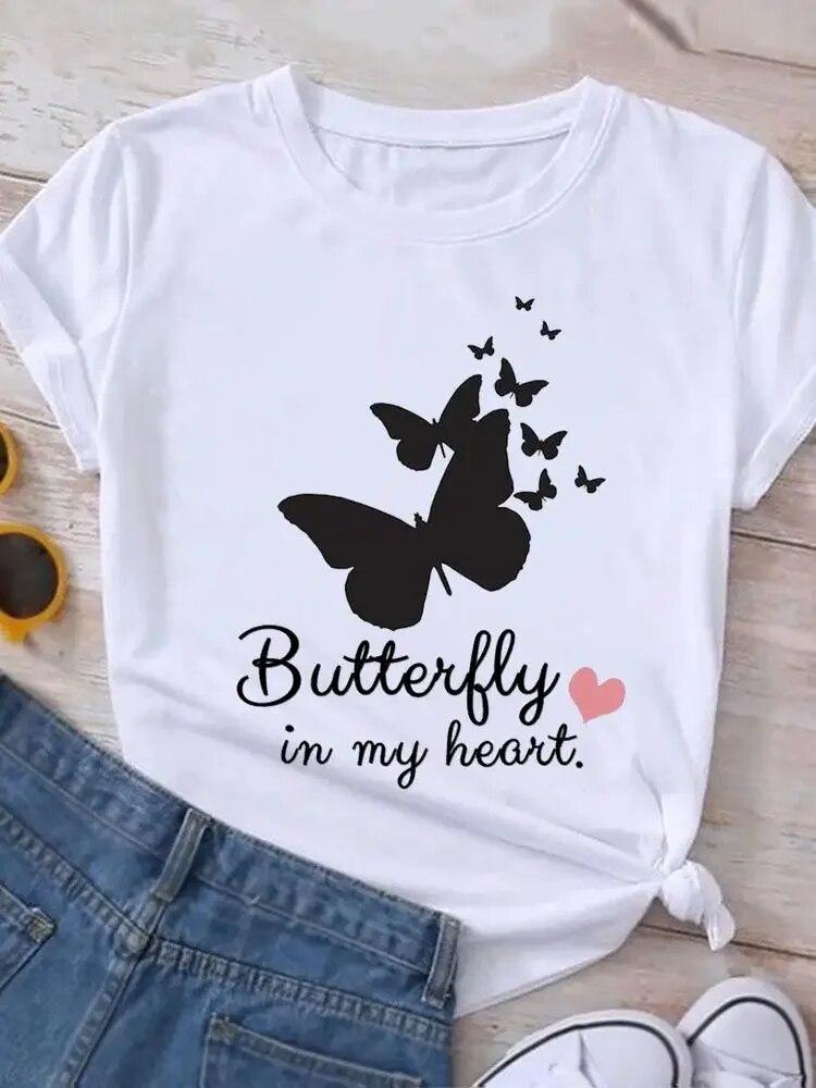 Graphic T Shirt Sunflower Butterfly Cute Summer Casual Clothing Short Sleeve Women Print Fashion Clothes Tee T-shirt FeUnisex Top