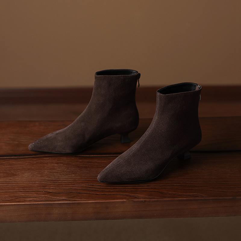 Krazing Pot Cow Suede Nubuck Winter Pointed Toe Preppy Style Stiletto Thin Med Heels Women Zip Women Ankle Boots