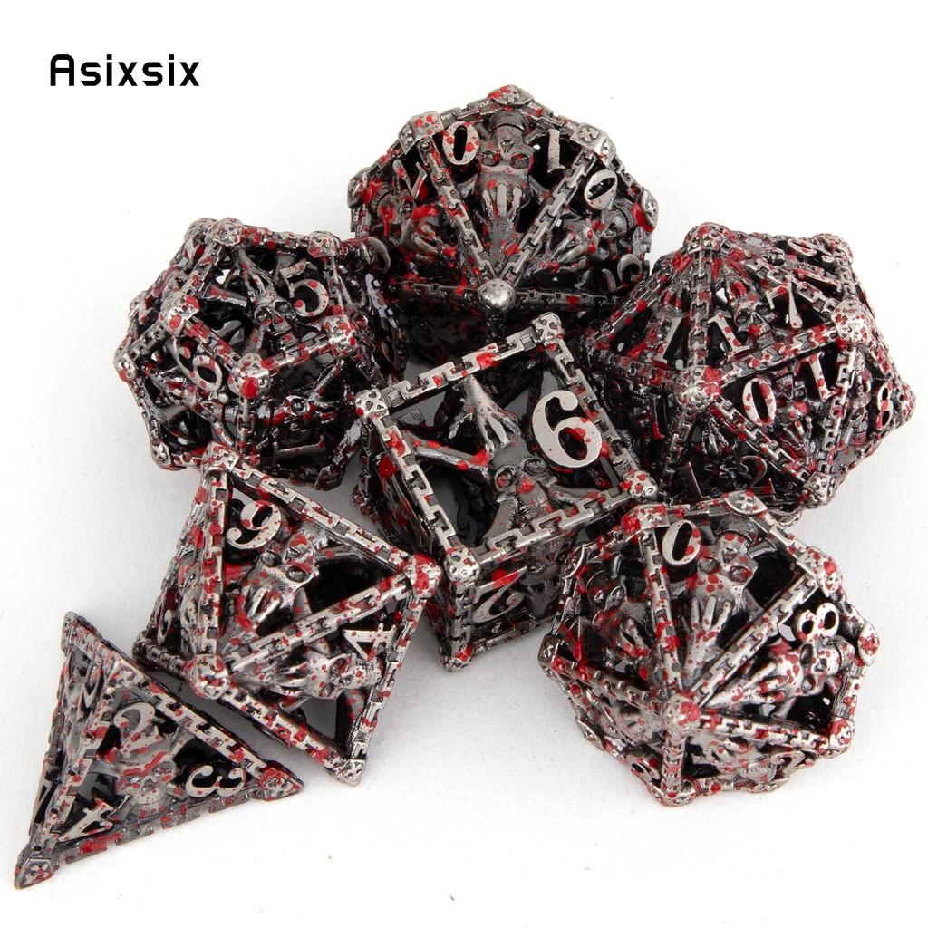 7-teiliges Würfelset aus Metall mit silberner roter Hand und Totenkopfkopf, hohles polyedrisches Würfelset aus Metall, geeignet für Rollenspiele, RPG-Brettspiele, Kartenspiele
