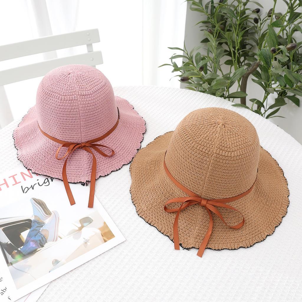 Hat women's summer cut-out breathable sunscreen bucket hat foldable knitted sun basin hat with large brim