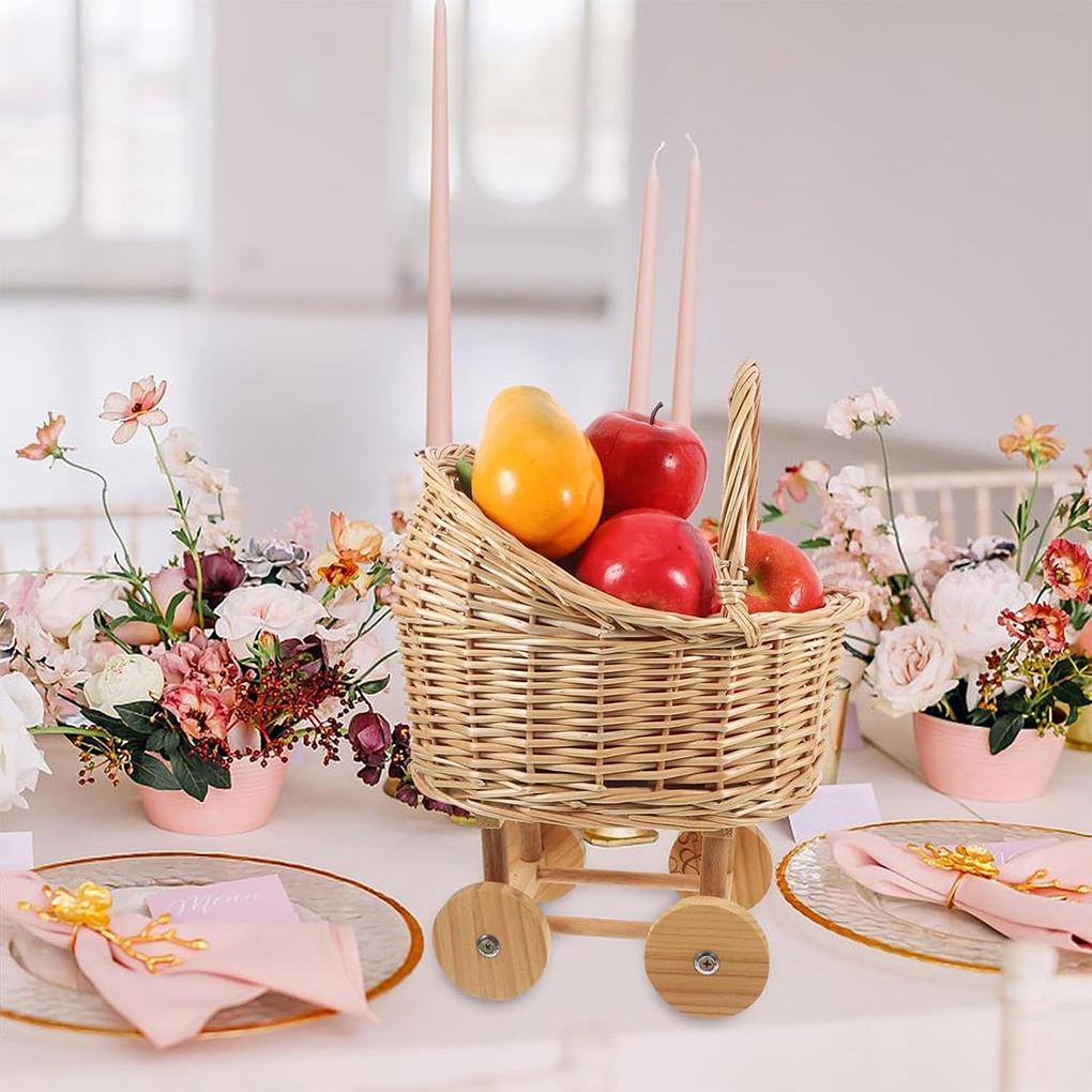 New Stroller Shaped Flower Basket Woven Rattan Basket with Handle Flower Girls Basket Wedding Basket for Gift Wedding Decoration