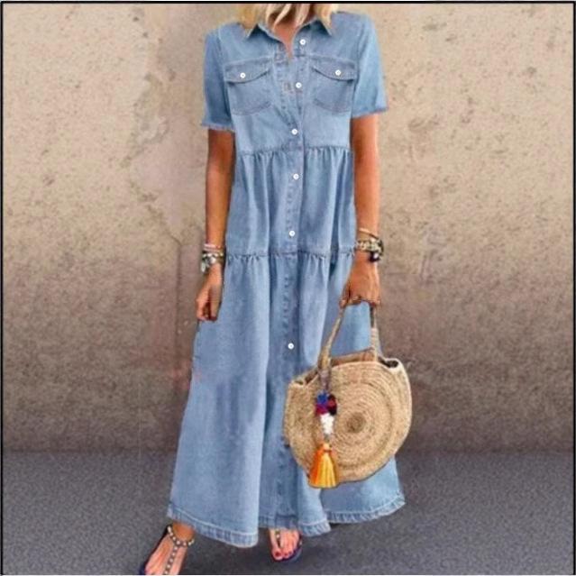 

Женские короткие рукава Мягкие тонкие джинсовые длинные платья Ретро карманы на пуговицах Джинсы Макси-платья Женские повседневные платья 3XL светло-синий