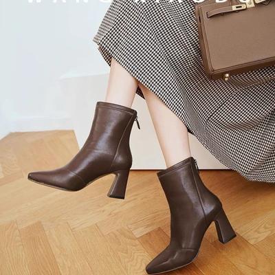 Winter Leder Chunky Frauen Stiefeletten Spitzschuh Mid Heels Elegante Schuhe 2025 Trend Fahion Pumps Goth Chelsea Botas De Mujer