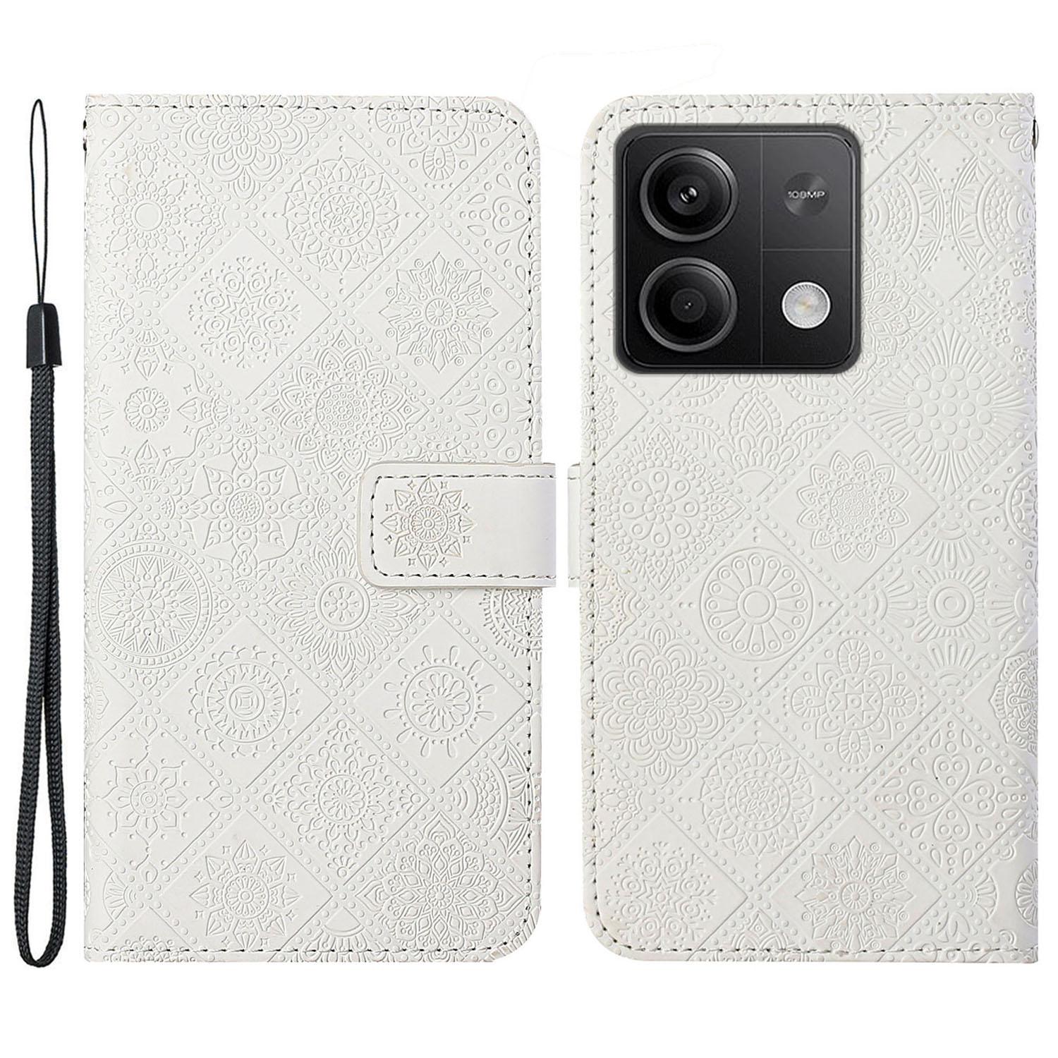 

For Xiaomi Redmi Note 13 5G Phone Case Ethnic Style Imprinted Flower Pattern Leather Cover White