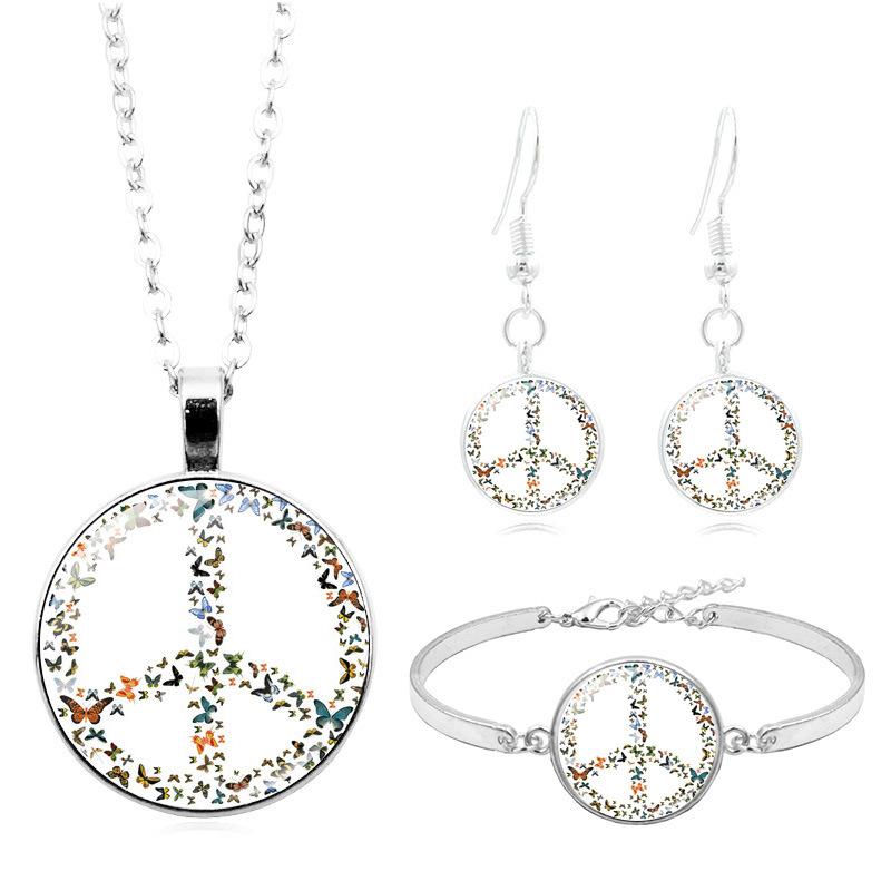 Friedenszeichen Zeit Edelstein Halskette Armband Ohrringe Dreiteiliges Schmuckset Geschenk