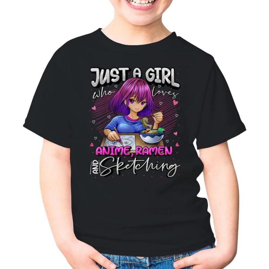 Just A Girl Who Loves Anime Ramen and Sketching Japan Anime Unisex Kids Shirt Gift Boy Girl Youth T-Shirt (Black;M) S
