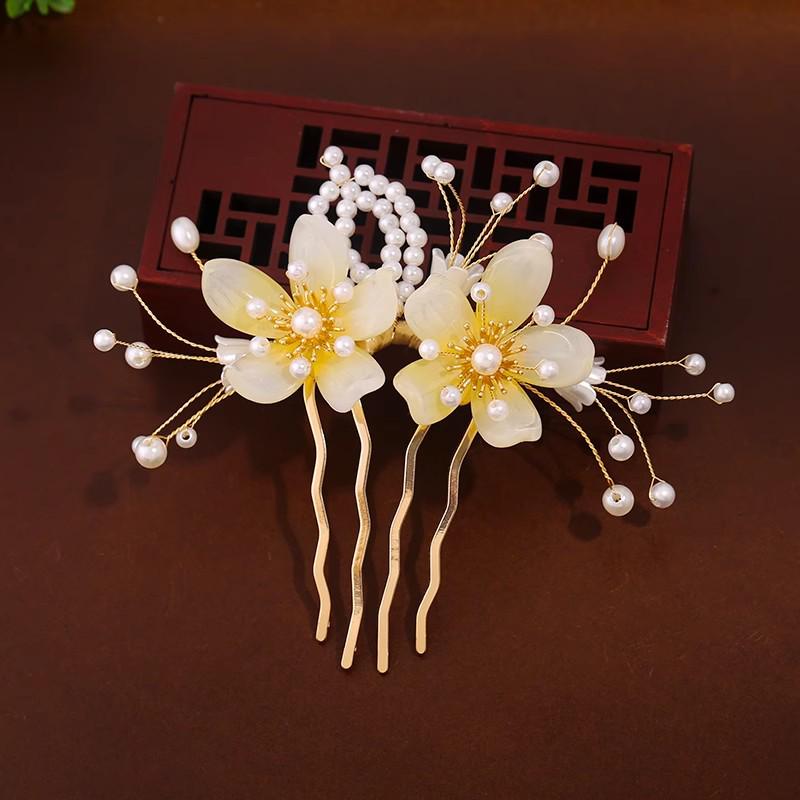 Damen Perlenblume Hanfu Haarnadel Kamm – Antiker Stil Hochsteckfrisur Accessoires