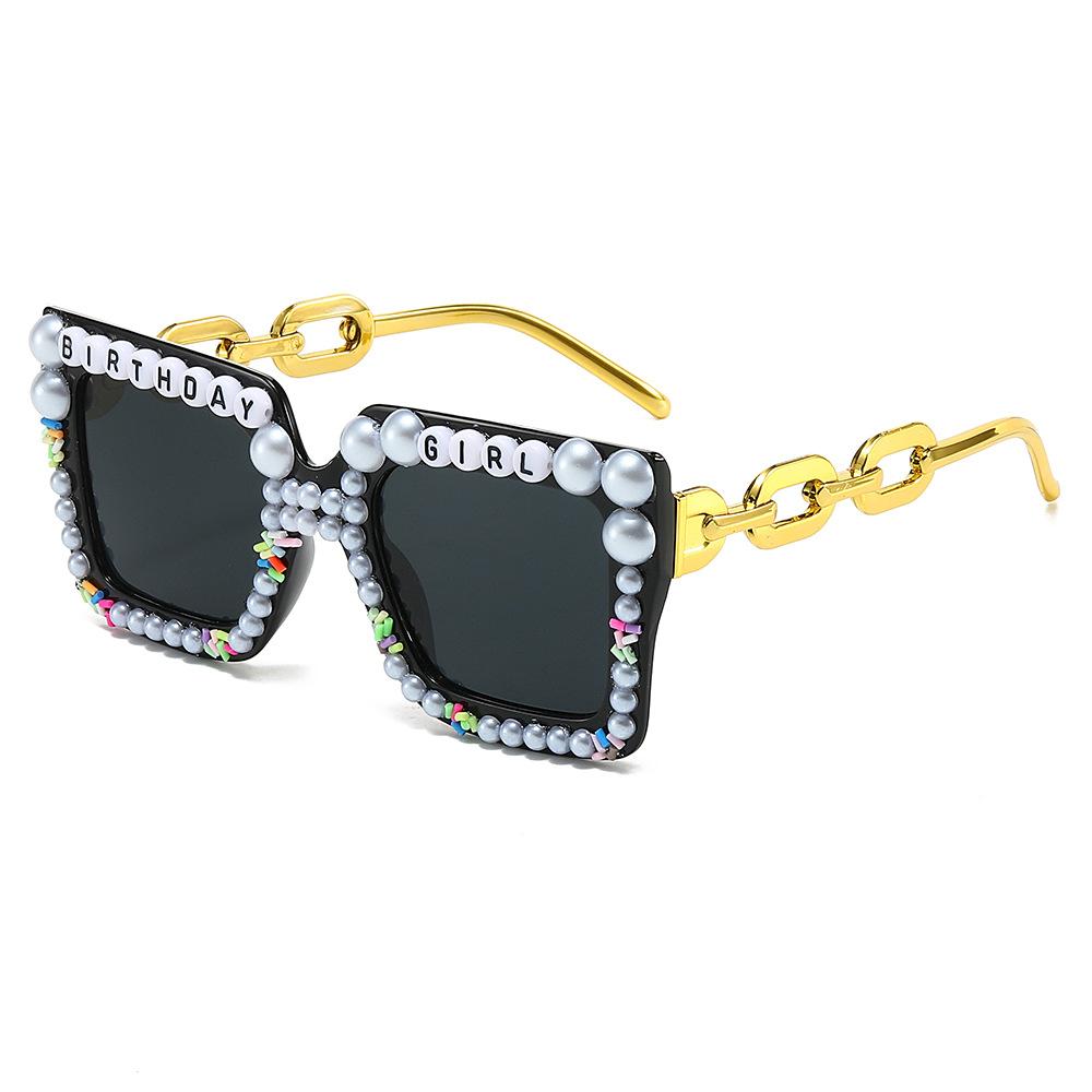 New Square Pearl Sunglasses, European and American Personalized DIY Handmade Diamond-encrusted Chain Large-frame Sunglasses