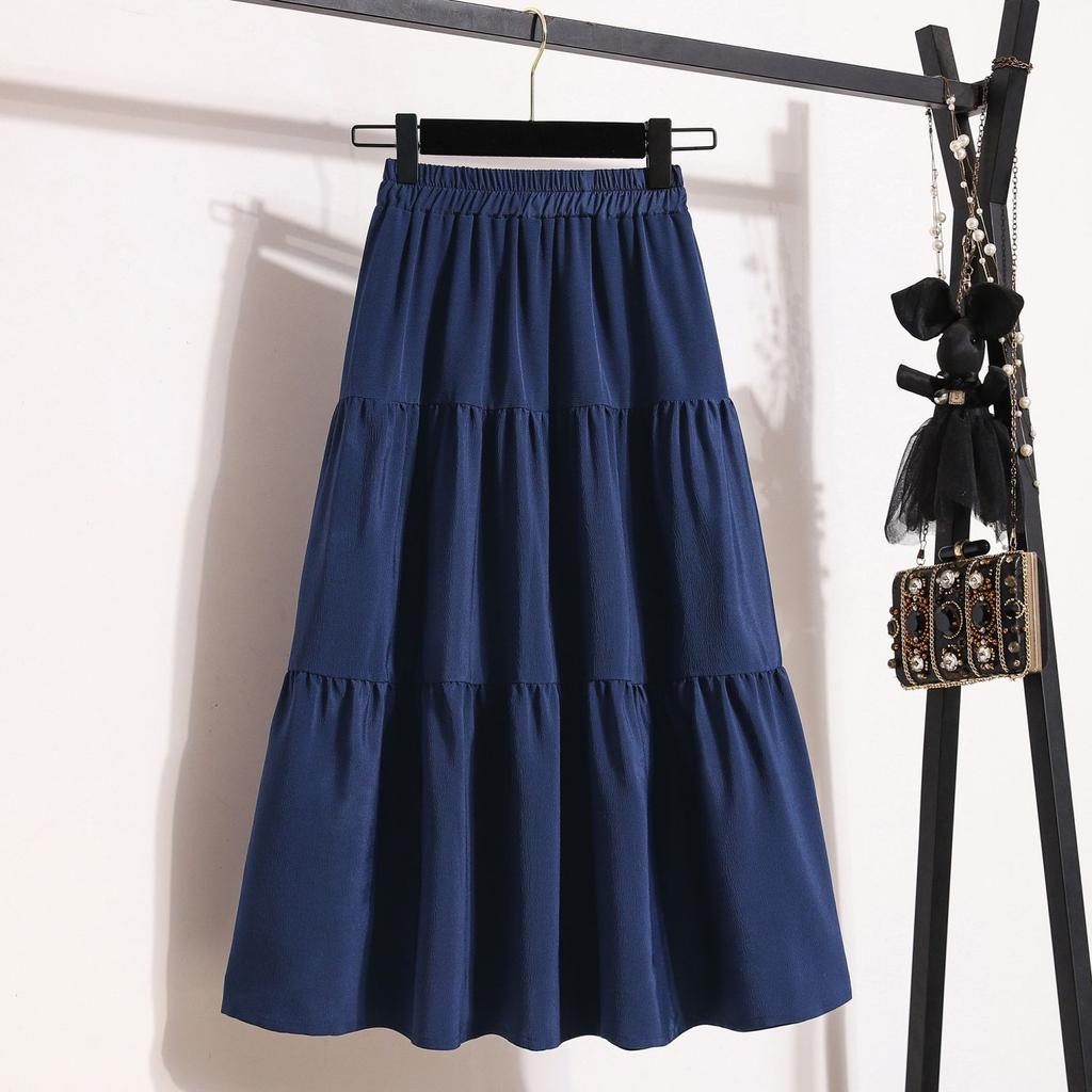 Spring and summer elastic skirt splicing high waist to cover the belly and show thinness cake skirt medium and long A-shaped umbrella skirt
