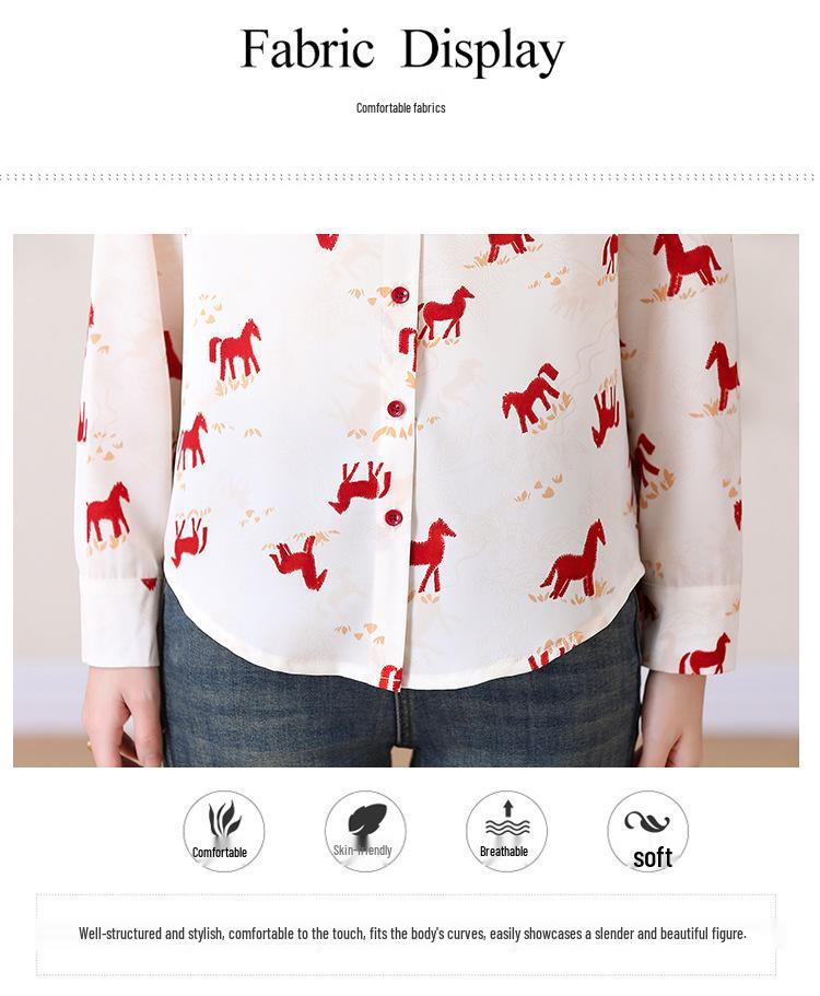 Women's French Retro Pony Print Chiffon Shirt - Elegant Designer Spring/Autumn 2026 Style