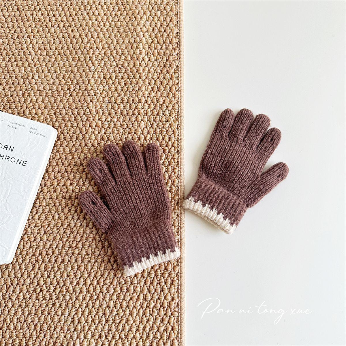 

Winter Solid Color Cute Children s Knitted Gloves Korean Version Contrasting Color Warm Finger Sleeves Woolen Five Finger Gloves one size
