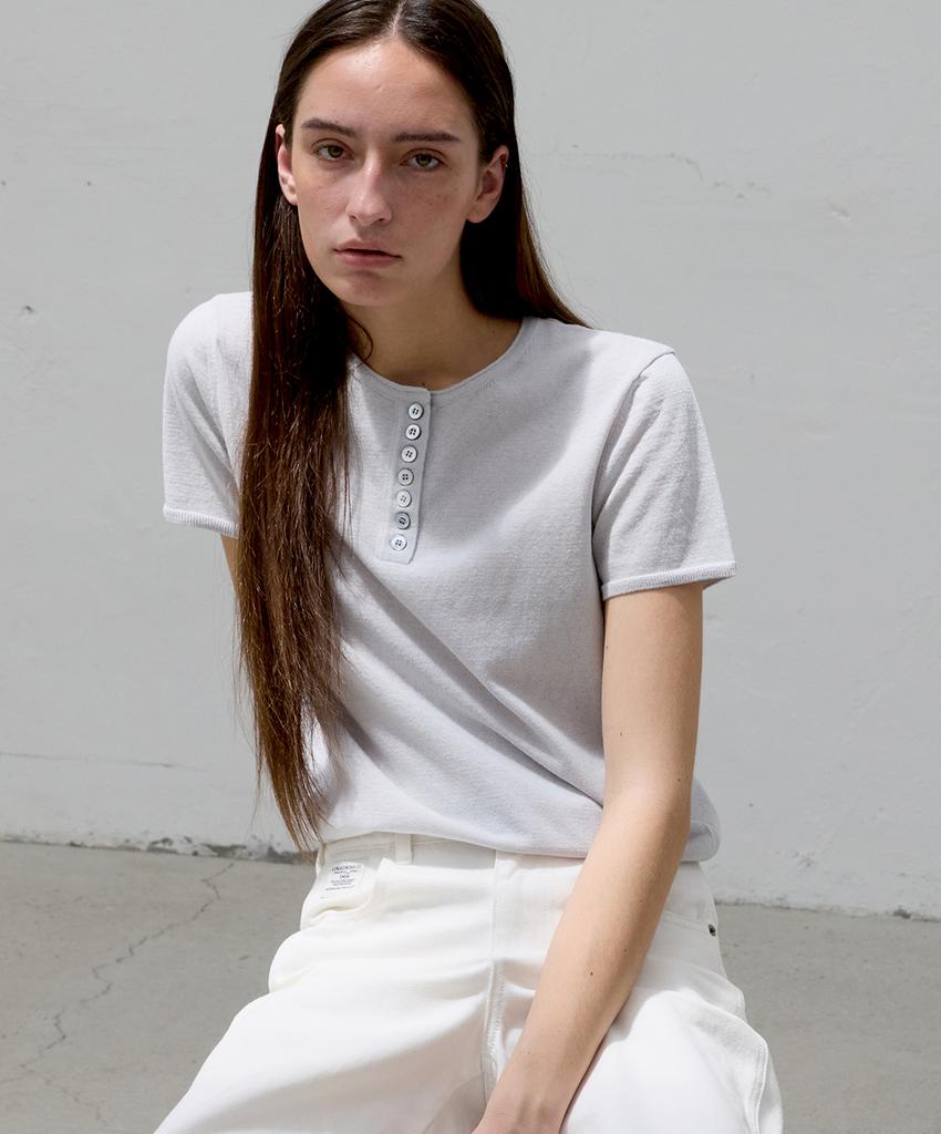 EMKM Henley Neck Linen Short Sleeve Knit Top_Blue Grey