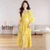 V-Neck Yellow Floral Tencel Chiffon Dress for Beach Vacation